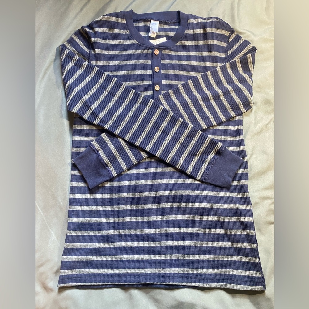 NEW American Apparel Stripe Waffle Thermal Henley XS navy / gray